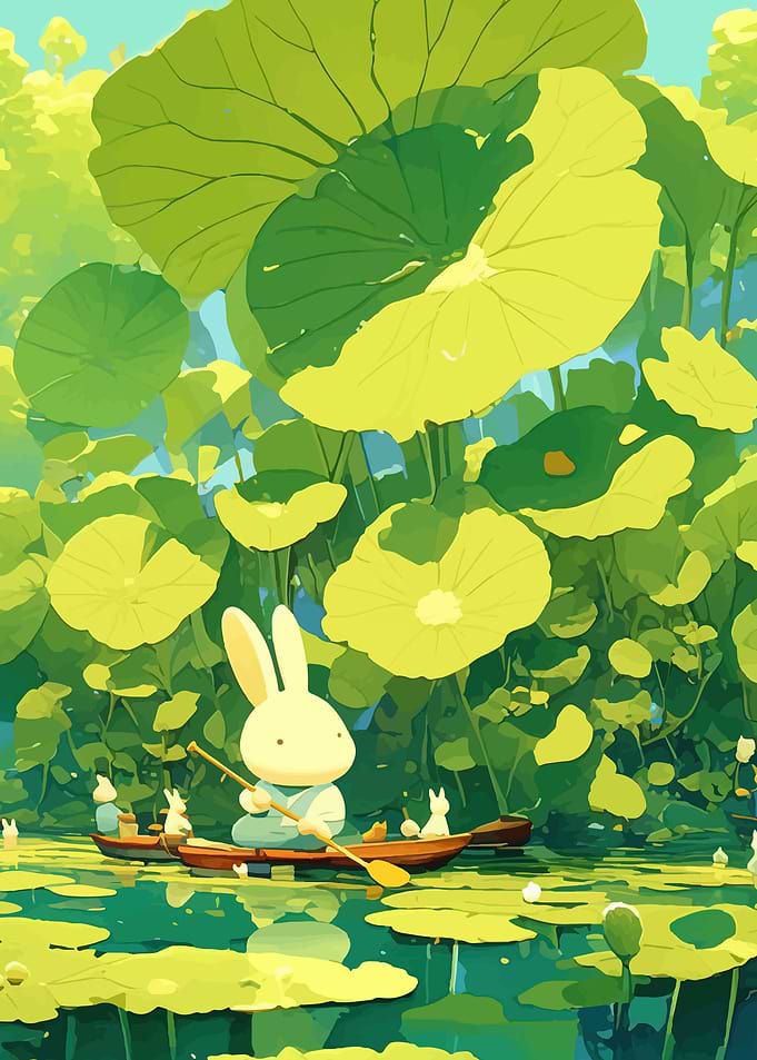 Cute Bunnies Rowing a Boat