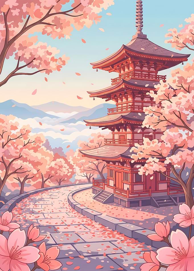 Tranquil Cherry Blossom Pagoda Path