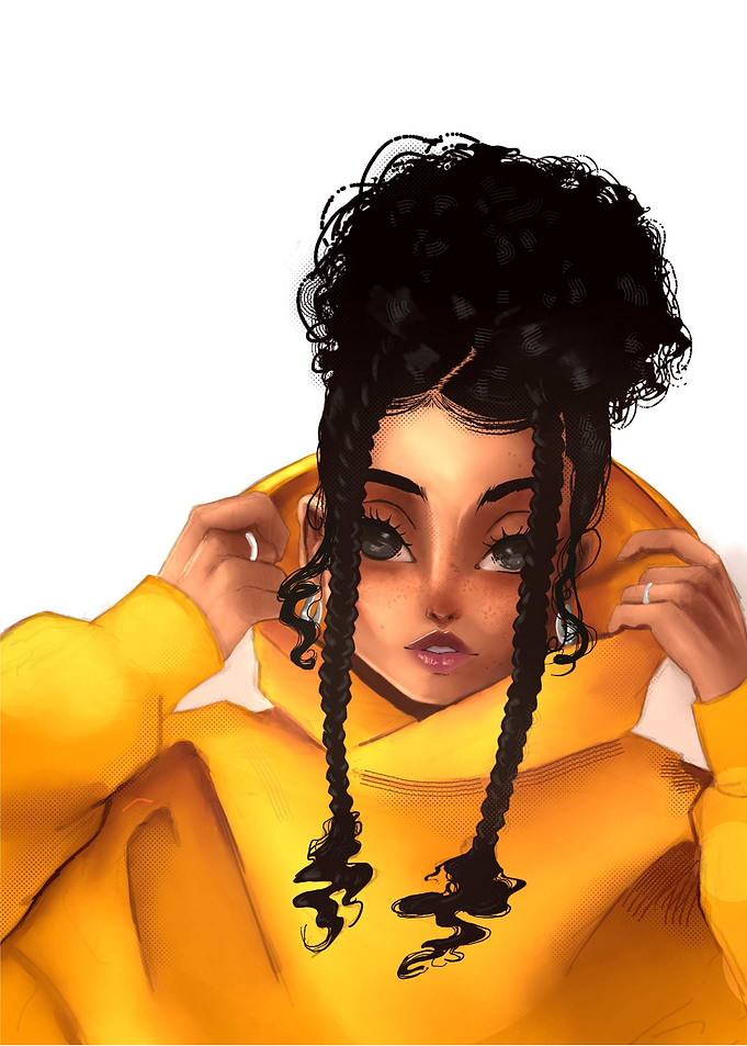 Young woman in yellow hoodie with braids