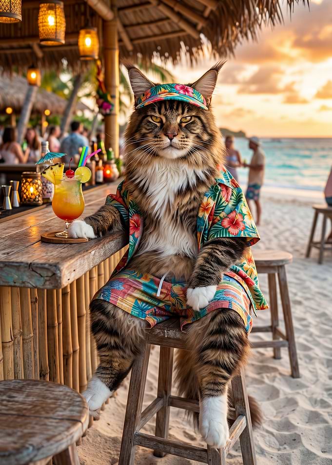 Maine Coon Tiki Bar Sunset Vibes – Funny Beach Cat