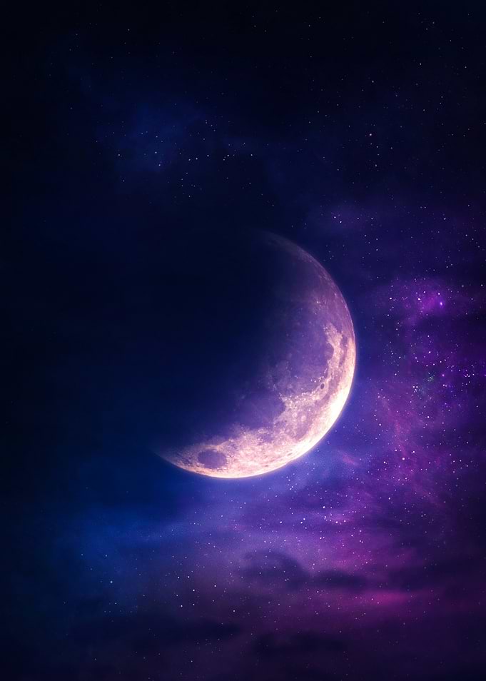 Crescent Moon Purple Galaxy Poster – Night Sky Wall Art, Celestial Moon Print, Cosmic Bedroom Decor