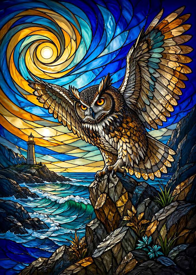 Stained Glass Owl Overlooking Lighthouse and Sea
