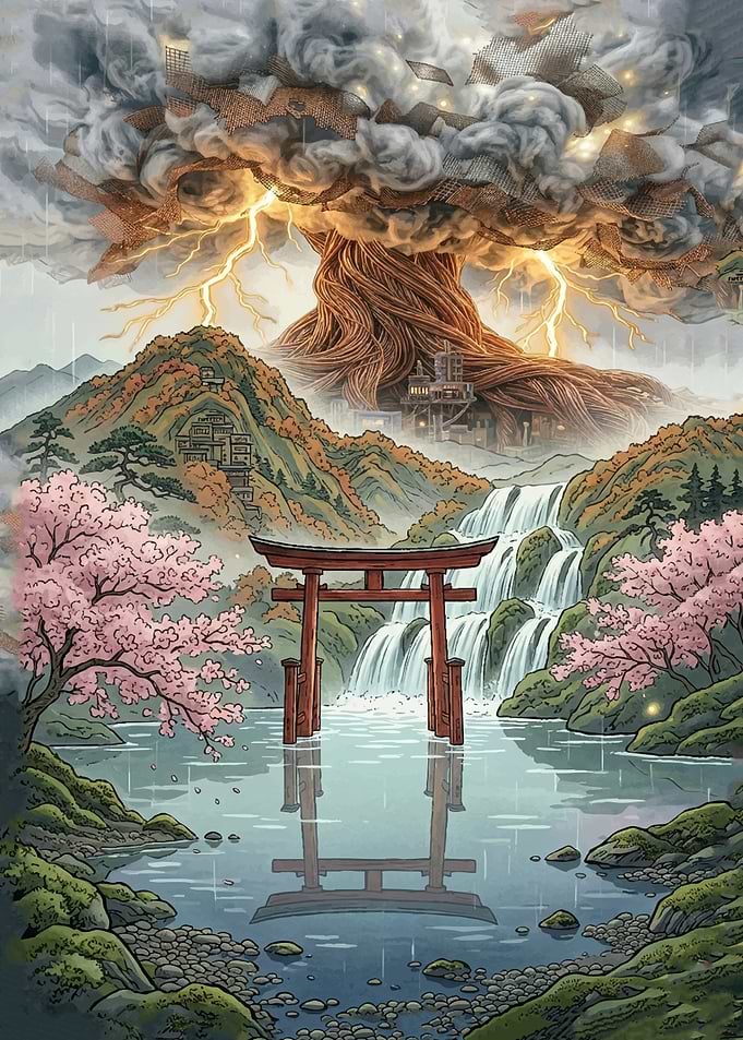 Mystical Japanese Landscape with Torii Gate