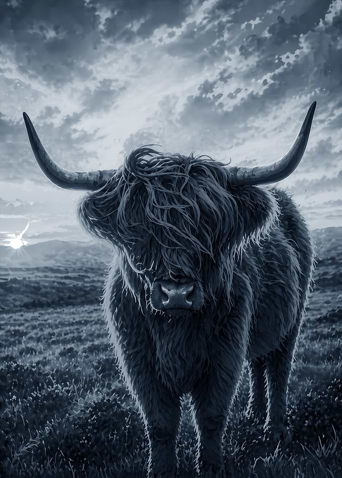 Highland Cow in Moody Landscape