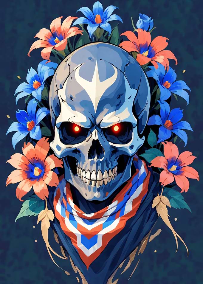 Skull with Flowers and Bandana