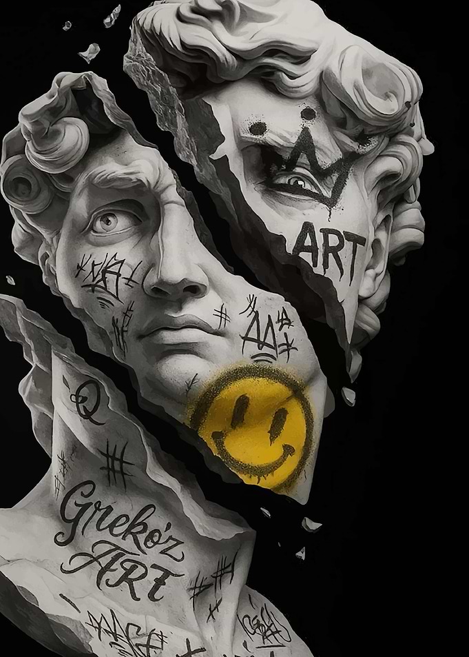 Graffiti-covered broken statue