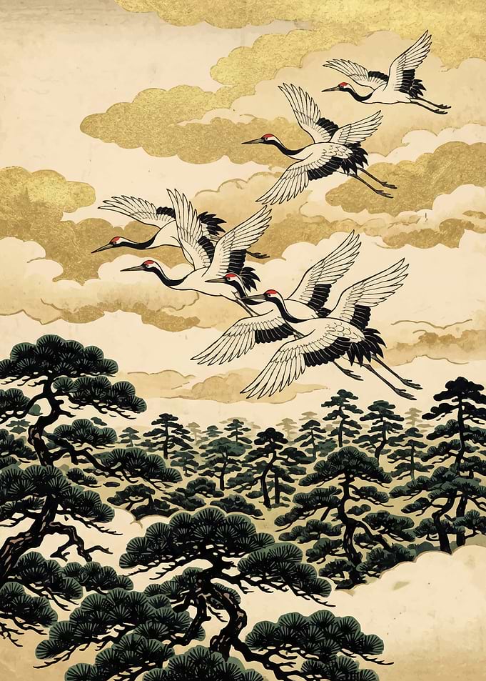 Cranes Flying Over Pine Forest