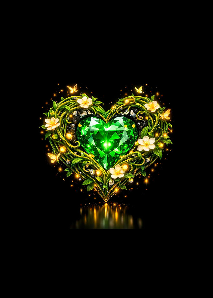Enchanted Emerald Heart with Flowers and Butterflies