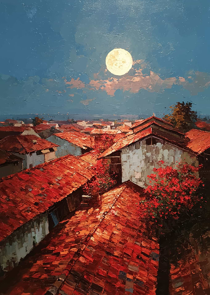 Moonlit Rooftops with Red Flowers
