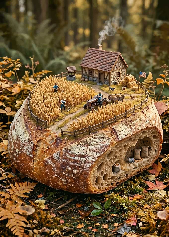 Miniature Farm Scene on a Loaf of Bread