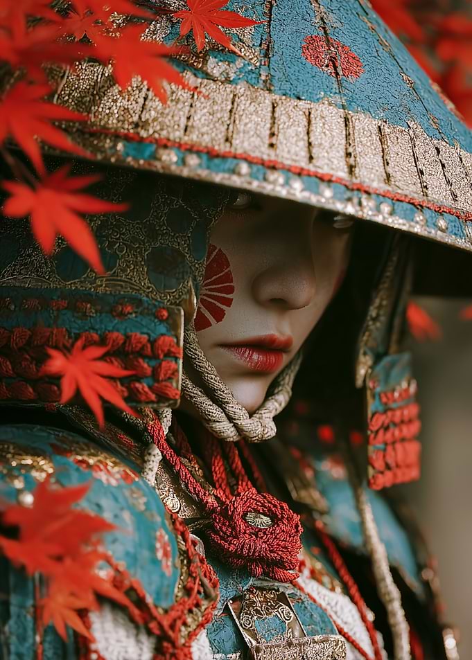 Samurai Woman with Red Maple Leaves