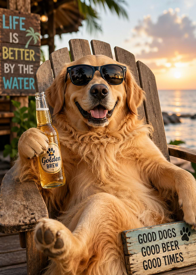 Golden Retriever with Beer at Sunset
