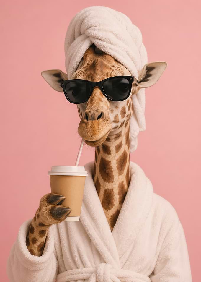 Giraffe in bathrobe and sunglasses drinking coffee