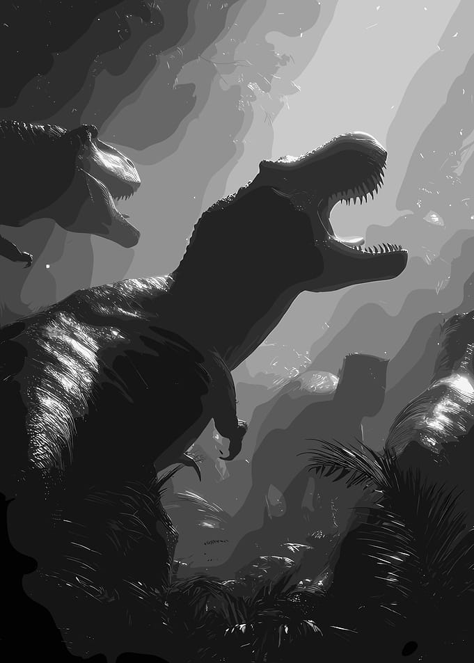 Dinosaurs in a prehistoric jungle