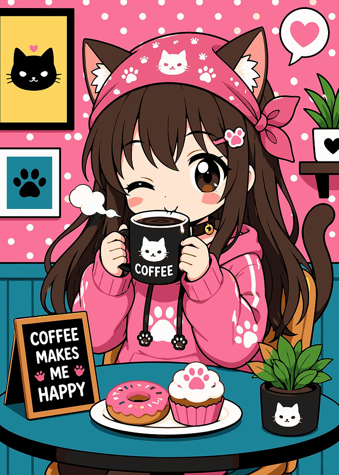 Cute Anime Cat Girl Drinking Coffee