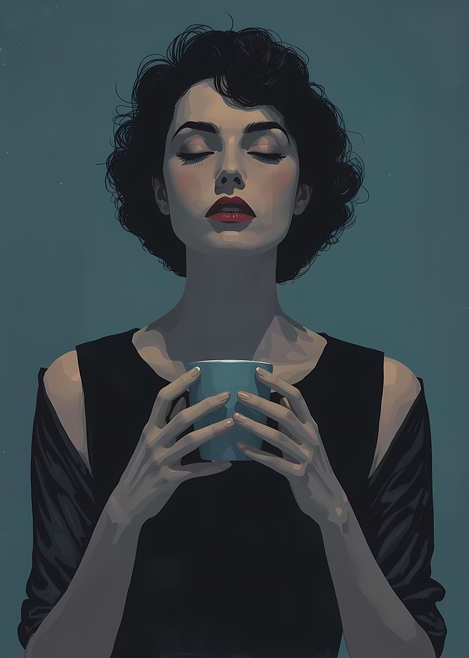 Woman with eyes closed holding a mug