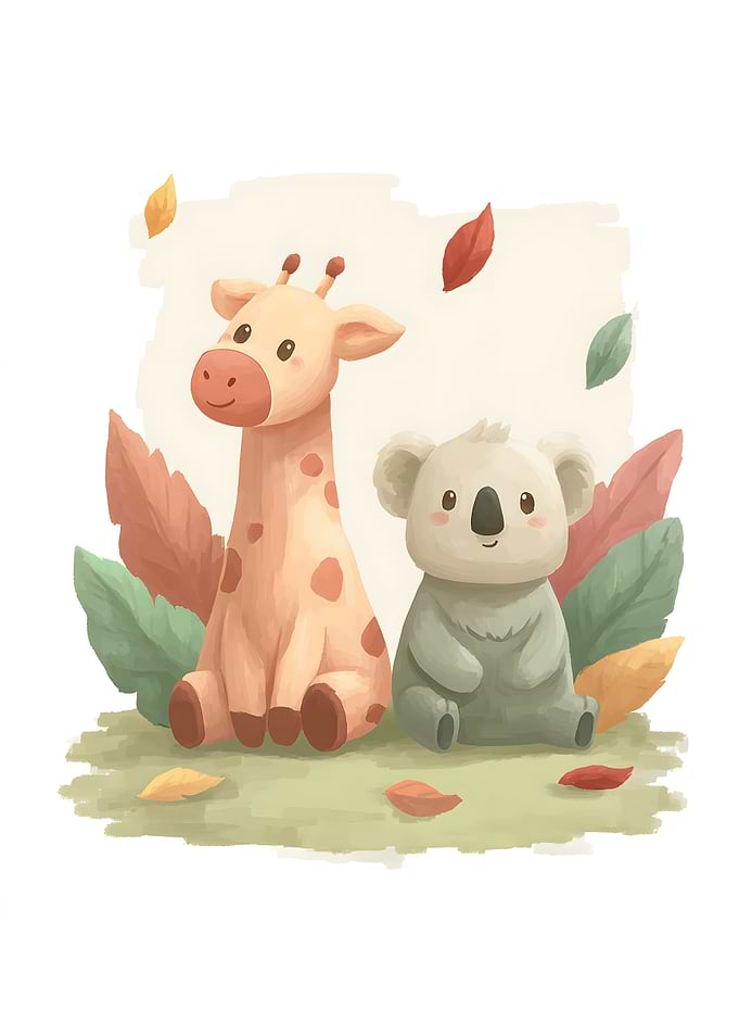 Cute Giraffe and Koala with Leaves