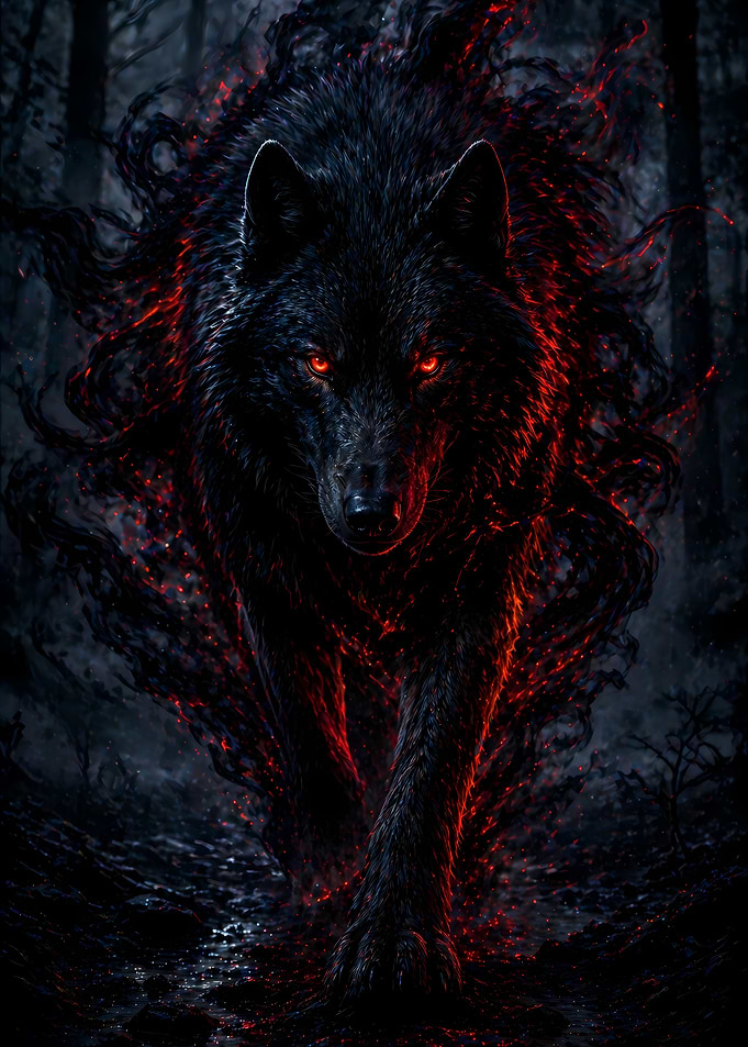 Fiery Black Wolf in Dark Forest