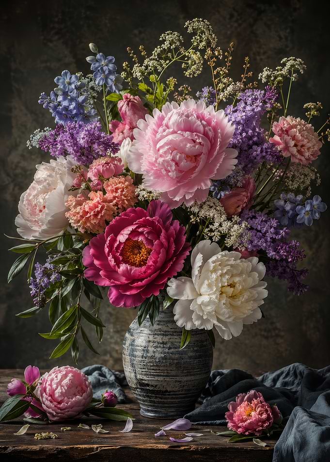 Vibrant Peony and Lilac Floral Arrangement