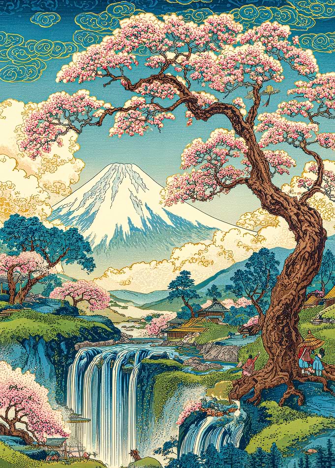 Mount Fuji with Cherry Blossoms and Waterfall