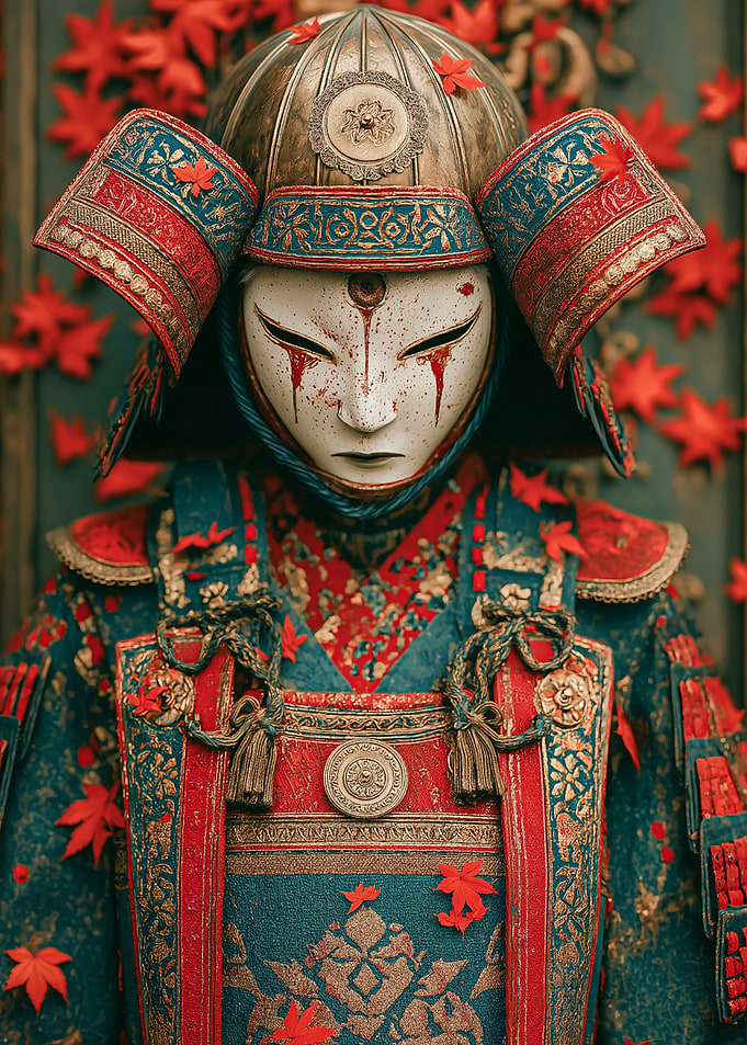 Samurai Warrior with Mask and Red Leaves