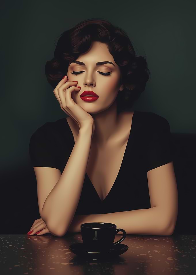 Retro Woman with Red Lipstick and Coffee