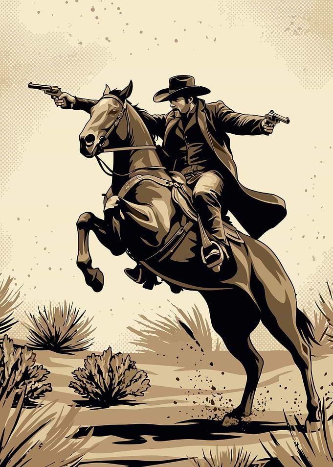 Cowboy on Horse Shooting Guns