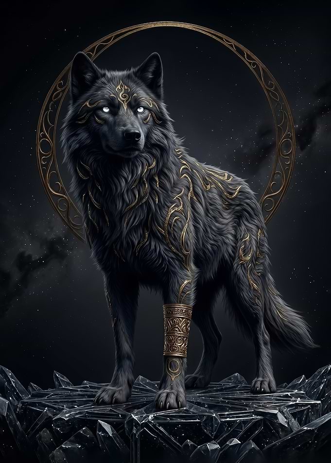 A majestic Mystical Black Wolf with Golden Ornaments