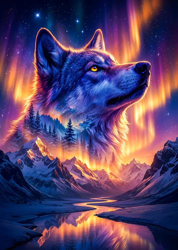 Wolf Under the Aurora Borealis