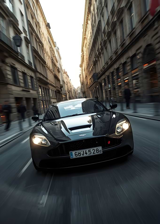 Aston Martin Driving Through City