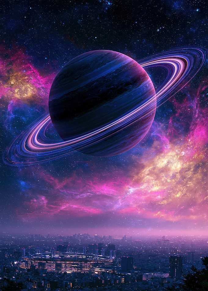 Cosmic Planet Over Cityscape