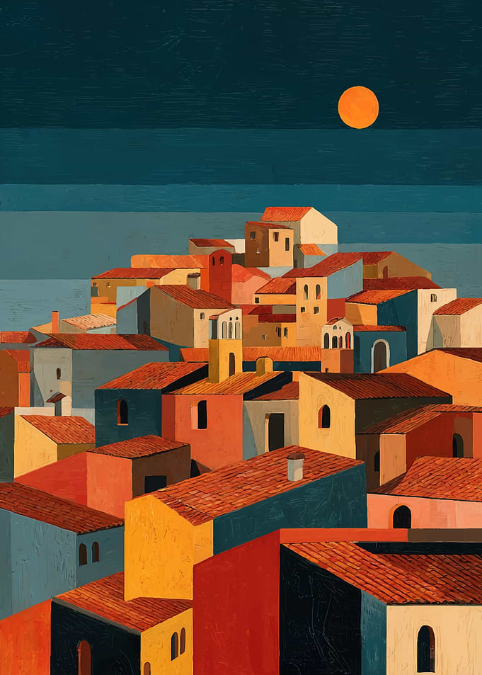Stylized Mediterranean Village at Sunset
