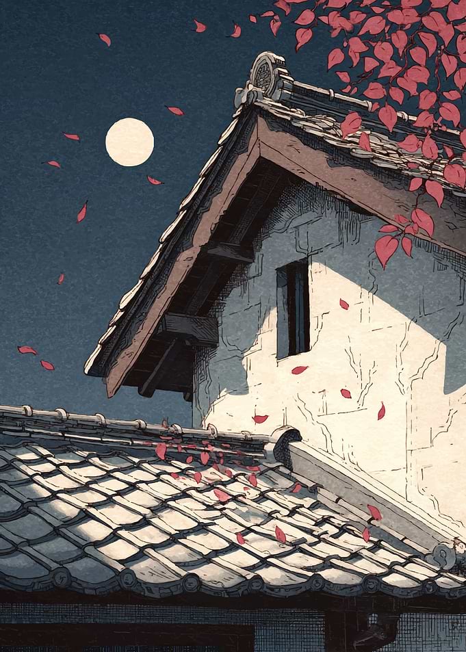 Autumn Moonlit Night Over Japanese Rooftops