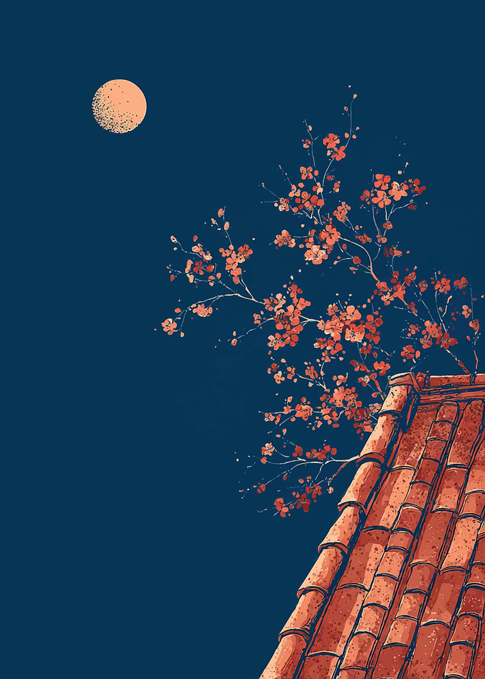 Moonlit Cherry Blossoms Over Rooftop