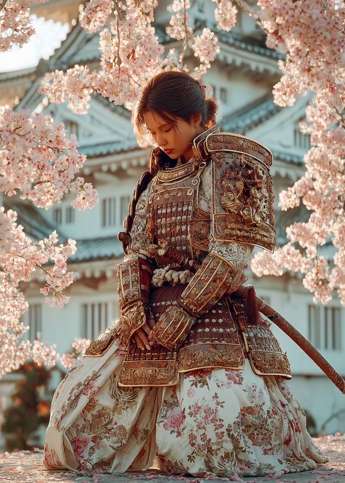 Samurai Woman Under Cherry Blossoms