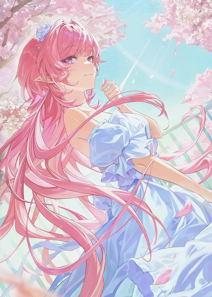Girl with Pink Hair and Cherry Blossoms