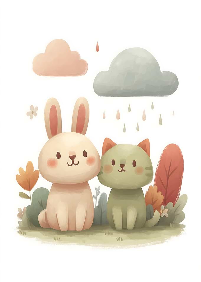Cute Bunny and Cat in Rain