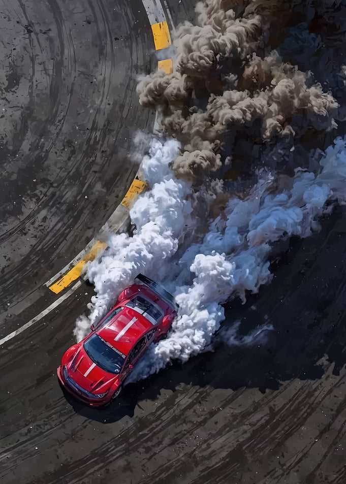 Red drift car creating smoke on track