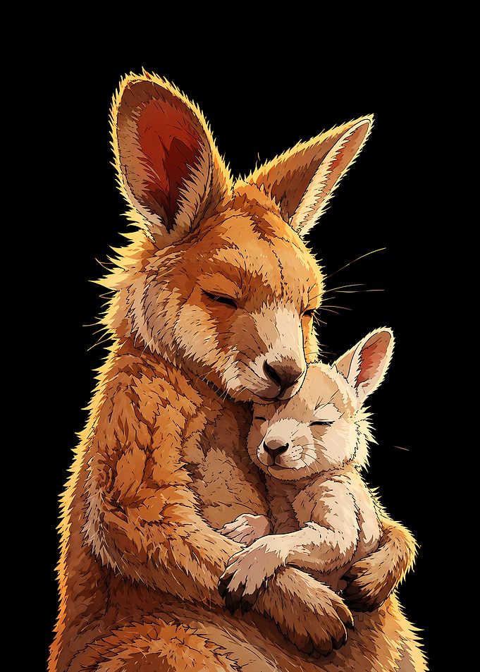 Mother Kangaroo Hugging Joey