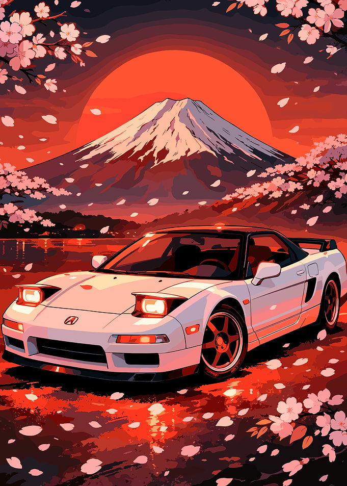 White Sports Car with Mount Fuji and Cherry Blossoms