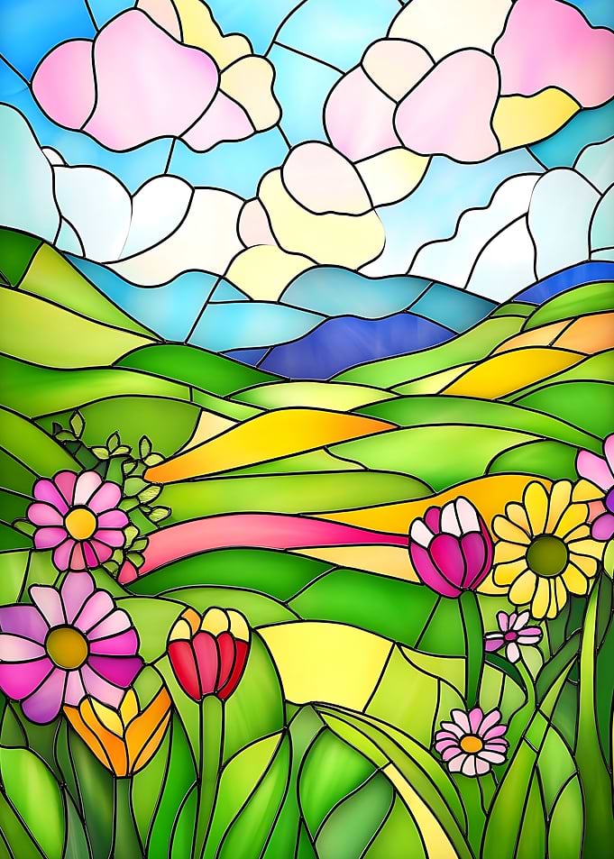 Stained Glass Landscape with Flowers