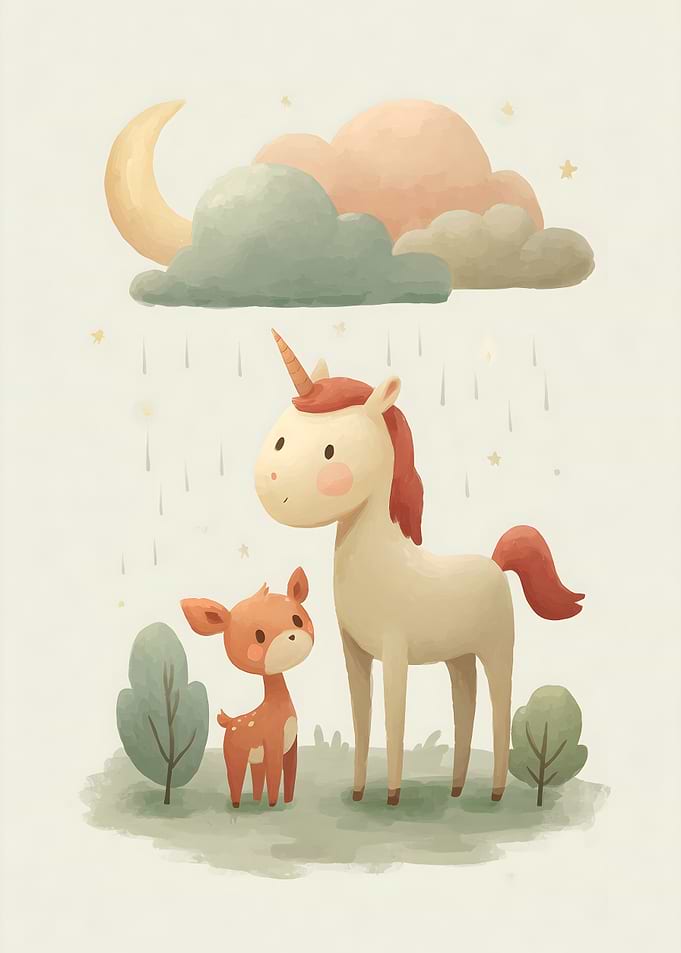 Unicorn and Deer in Magical Rain