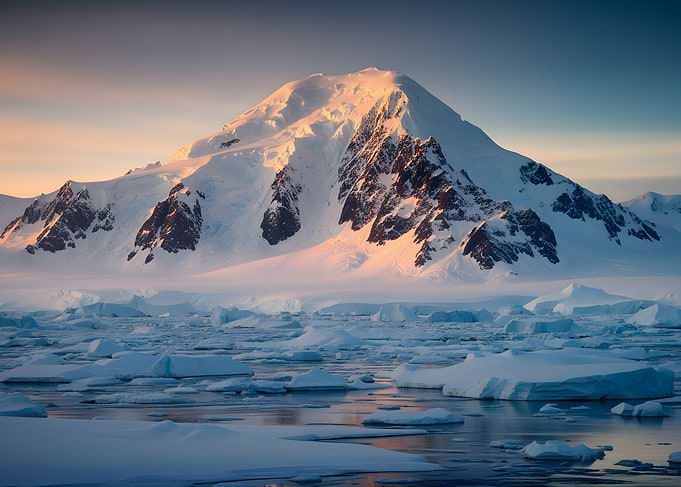 Antarctic Mountain Sunrise Over Ice Floes