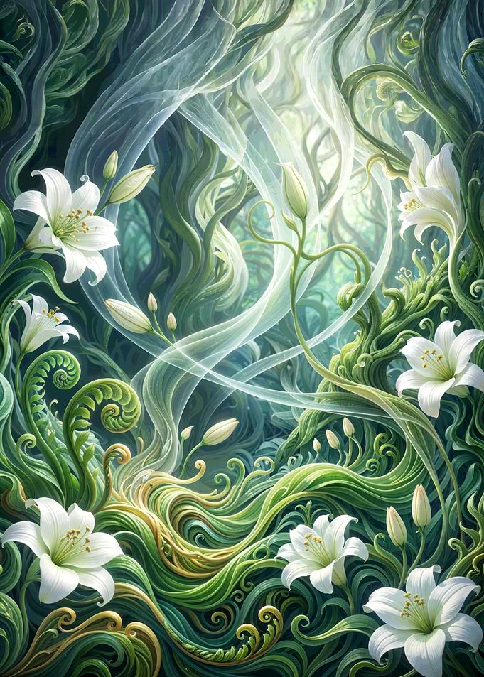 Enchanted Forest with White Lilies