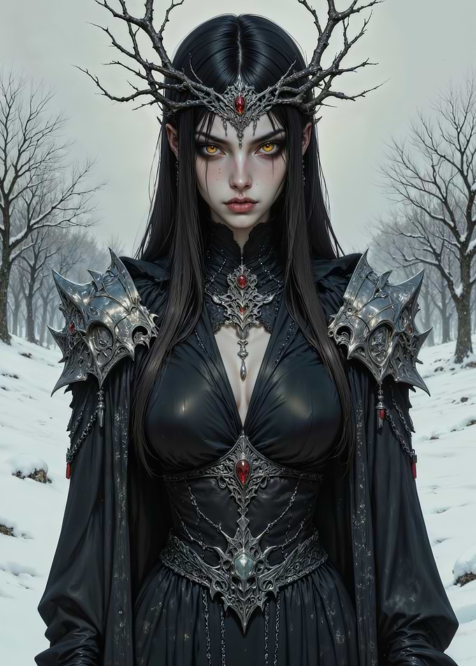 Dark Fantasy Queen in Winter Forest