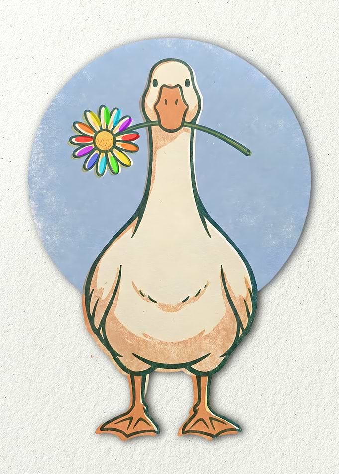 Rainbow Pride Goose Holding a Daisy Flower