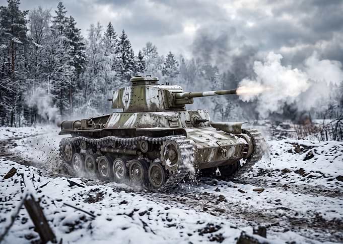Tank Firing in Snowy Forest