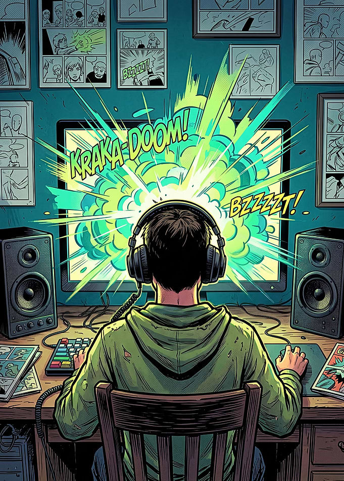 Gamer immersed in explosive action