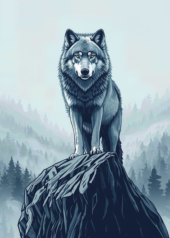 Majestic Wolf on Misty Peak — Stylized Forest Illustration