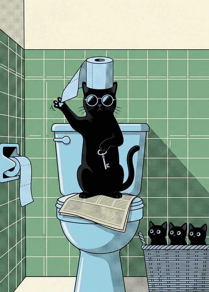 Black cat with glasses on toilet